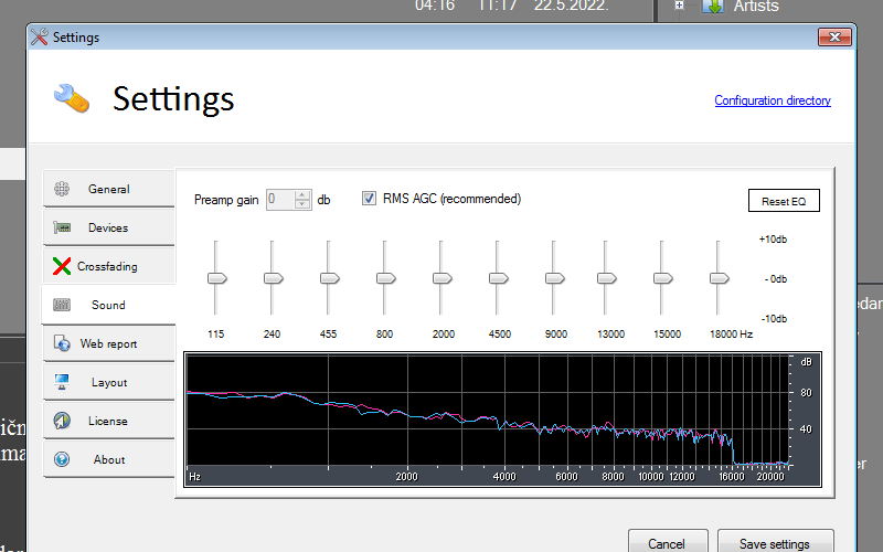 Settings for AGC (automatic volume leveling) and sound